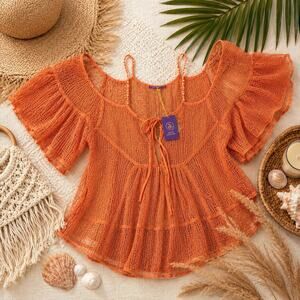 Amita Naithani Orange Mesh Boho Cover Up Top Flutter Sleeve Medium NWT